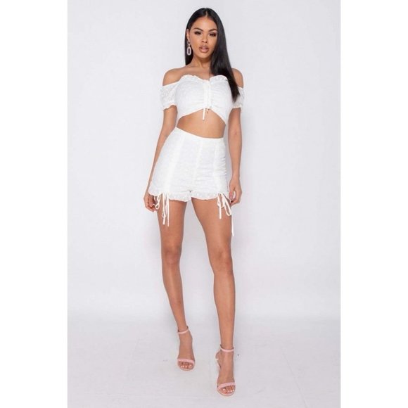White Lace Short Sleeve Off Shoulder Crop Top and Shorts Two Piece Set - Picture 9 of 14